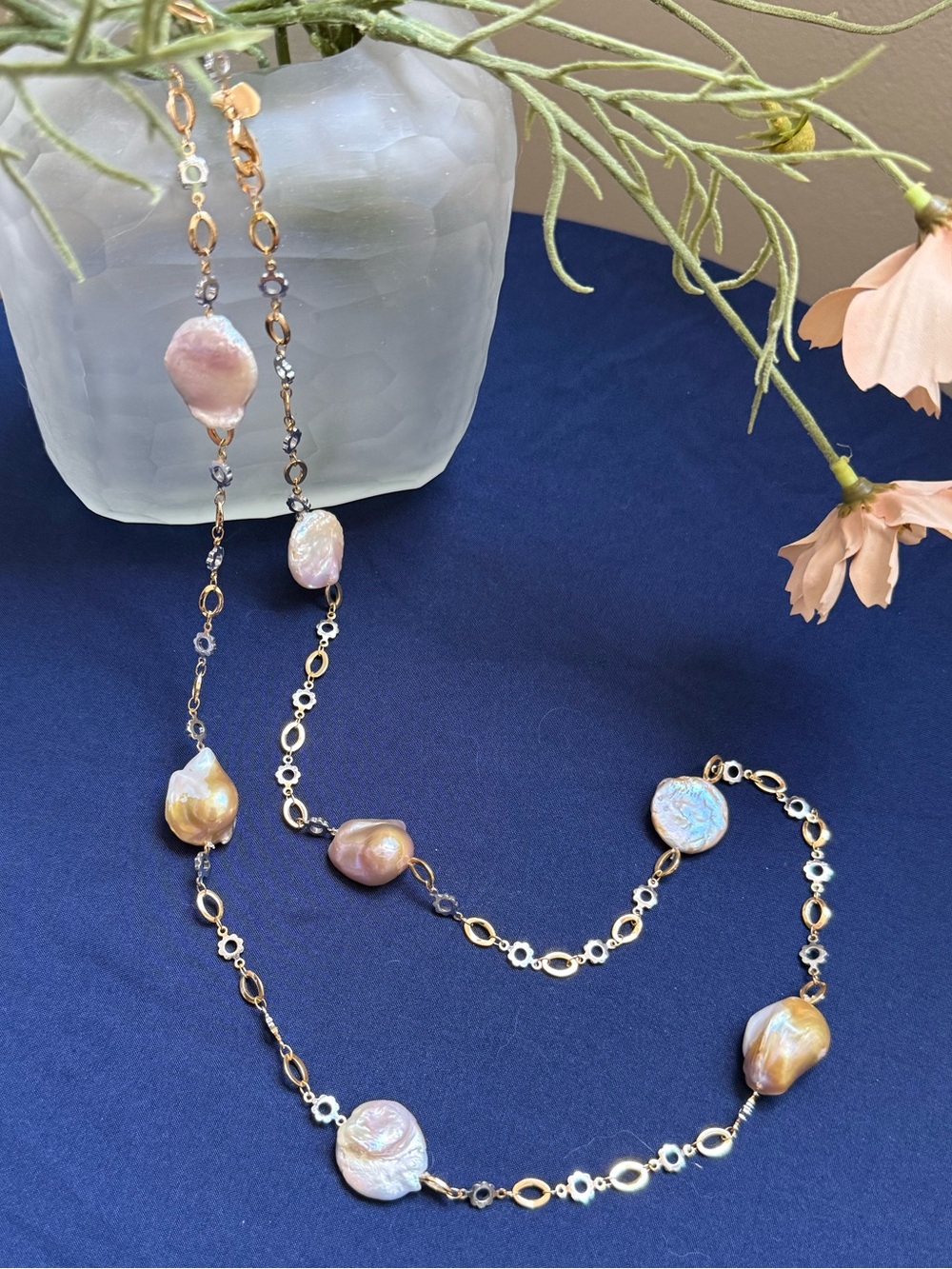 Gold-Link Necklace with Irregular Pastel Pearls - Women Jewelry
